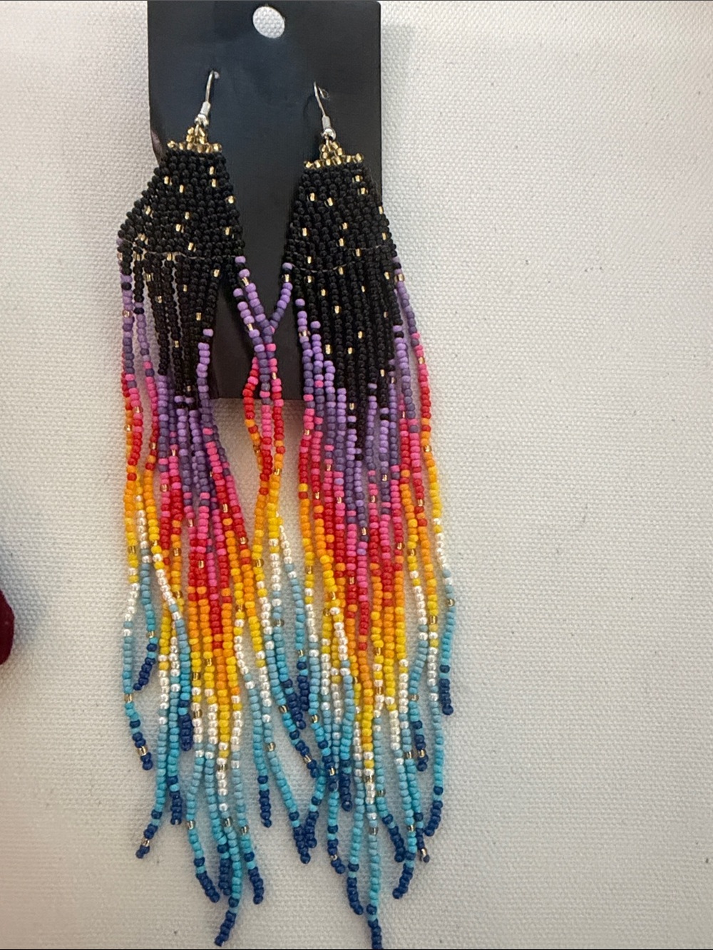 Colorful Fringe Seed Bead Earrings with Black Top
